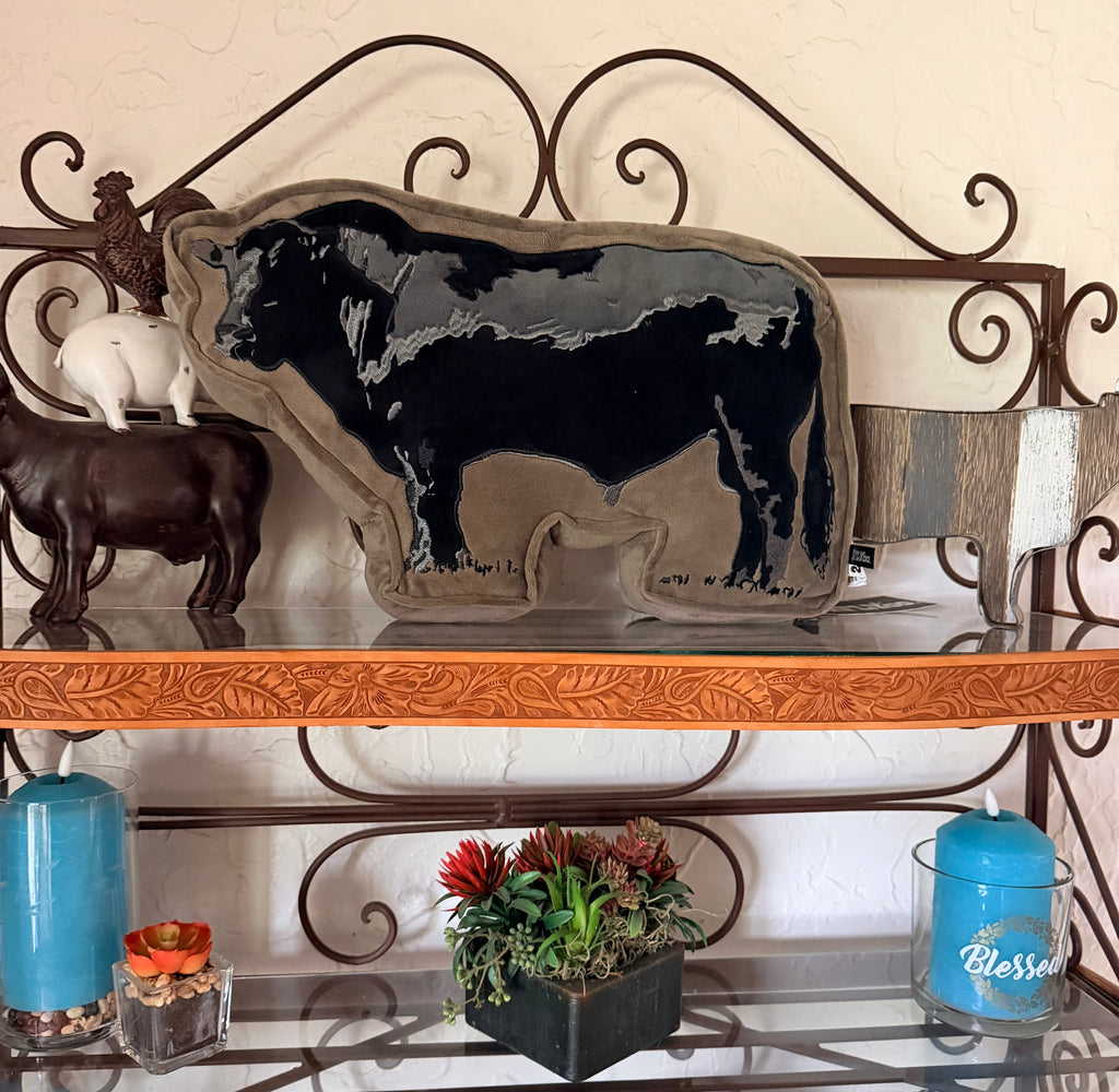 Cattle Talk Black Angus cow pillow, western ranch style home decor in stock detail