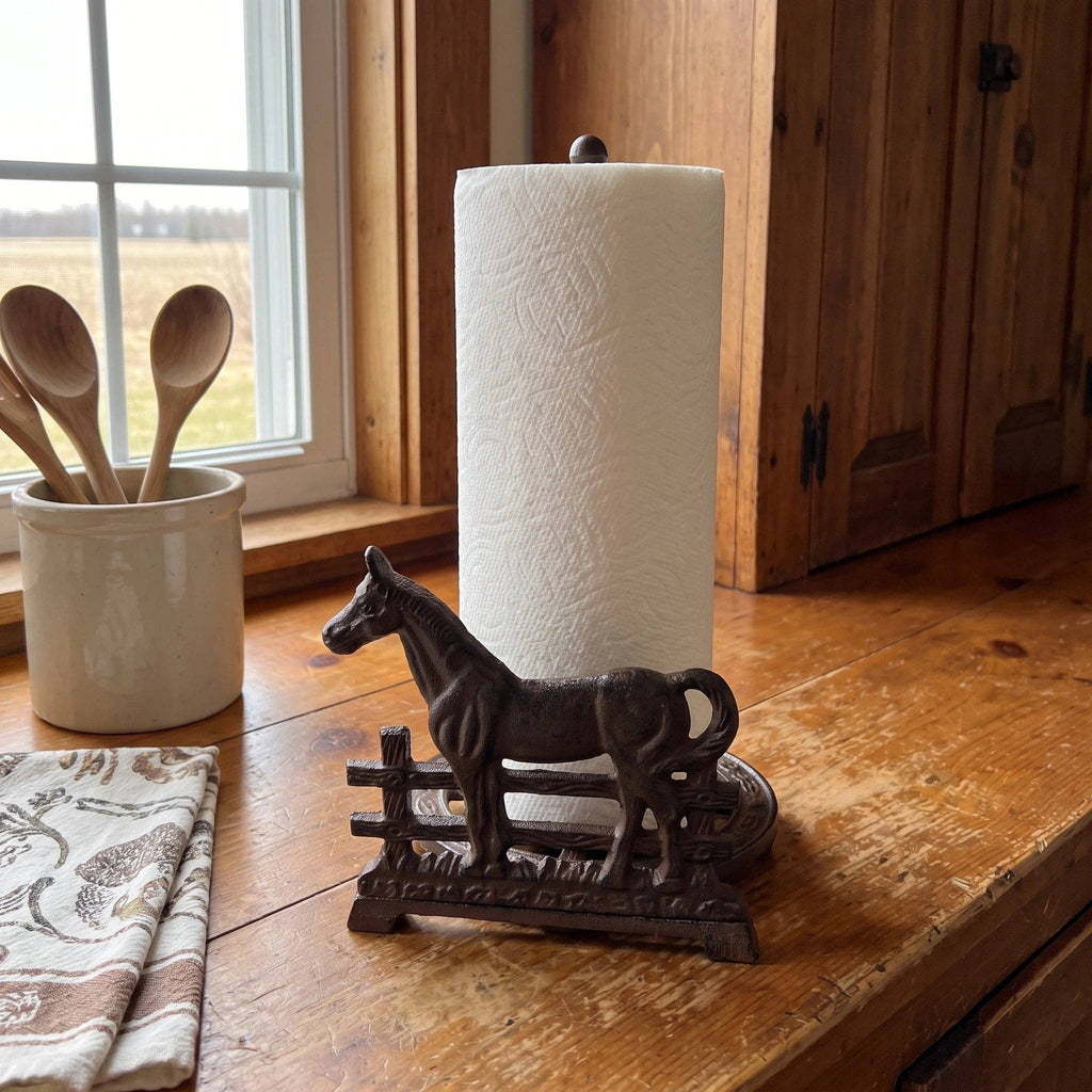Horse Paper Towel Holder, Cast Iron Western Kitchen Stand, 12.5"