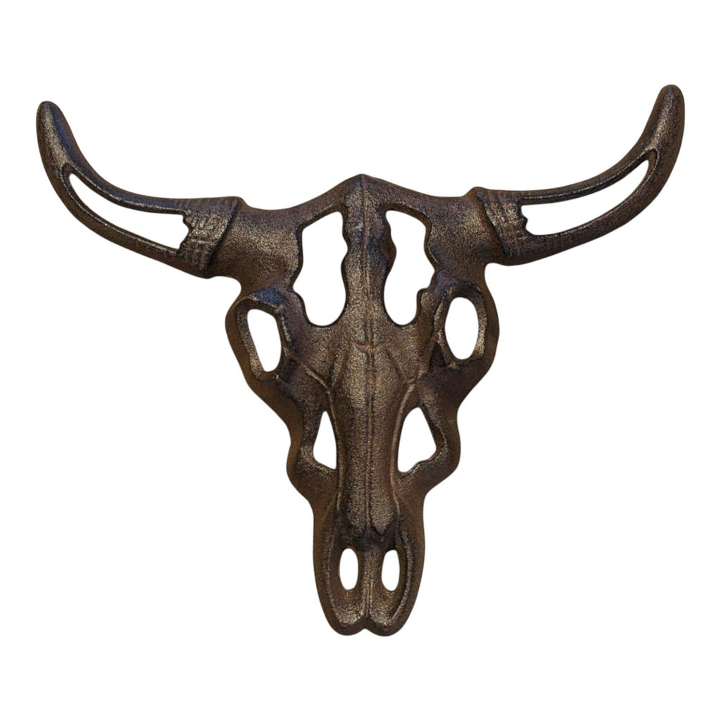 Bull Skull Wall Plaque, Cast Iron Western Ranch Wall Decor, 11"