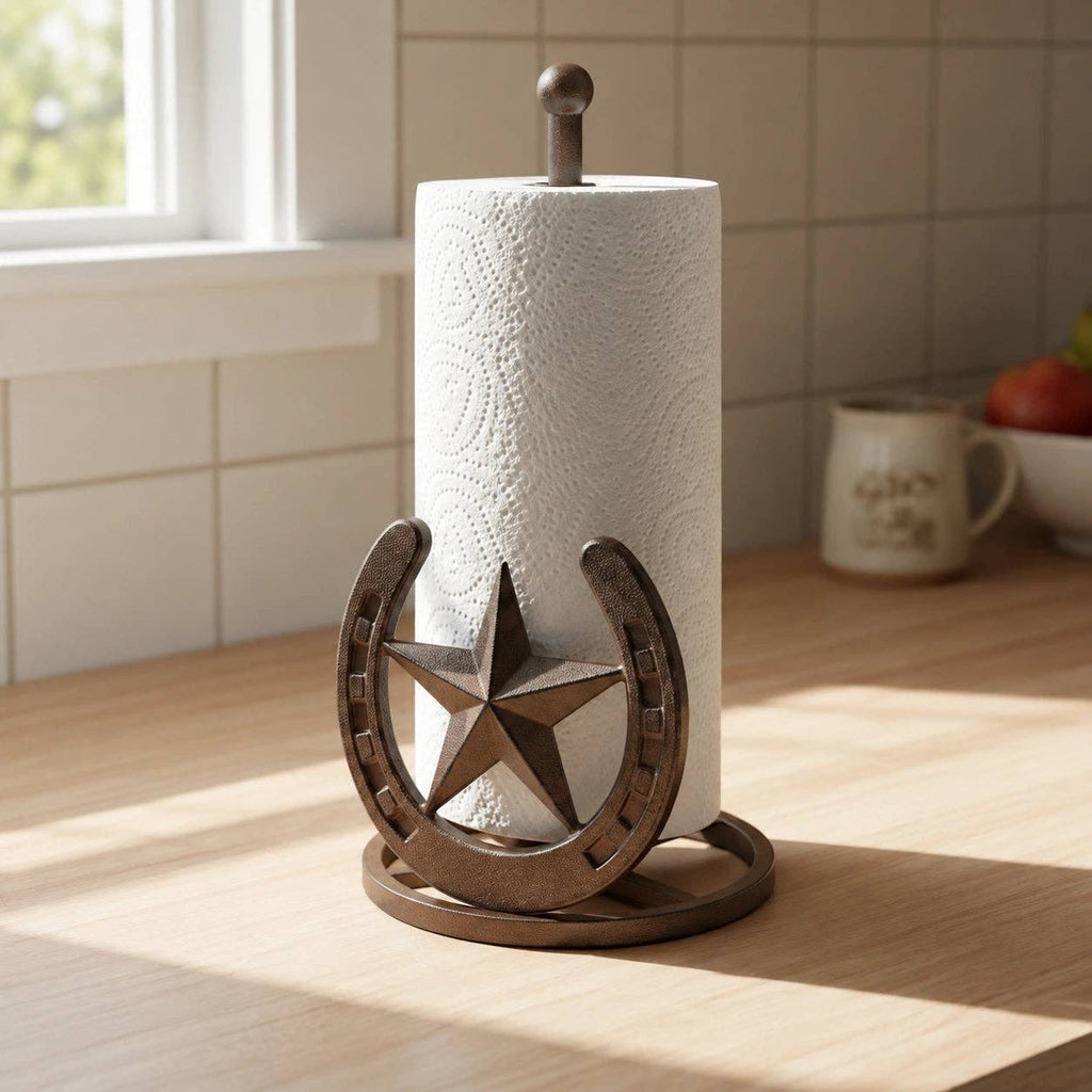 Star and Horseshoe Paper Towel Holder, Western Cast Iron, 12.1"