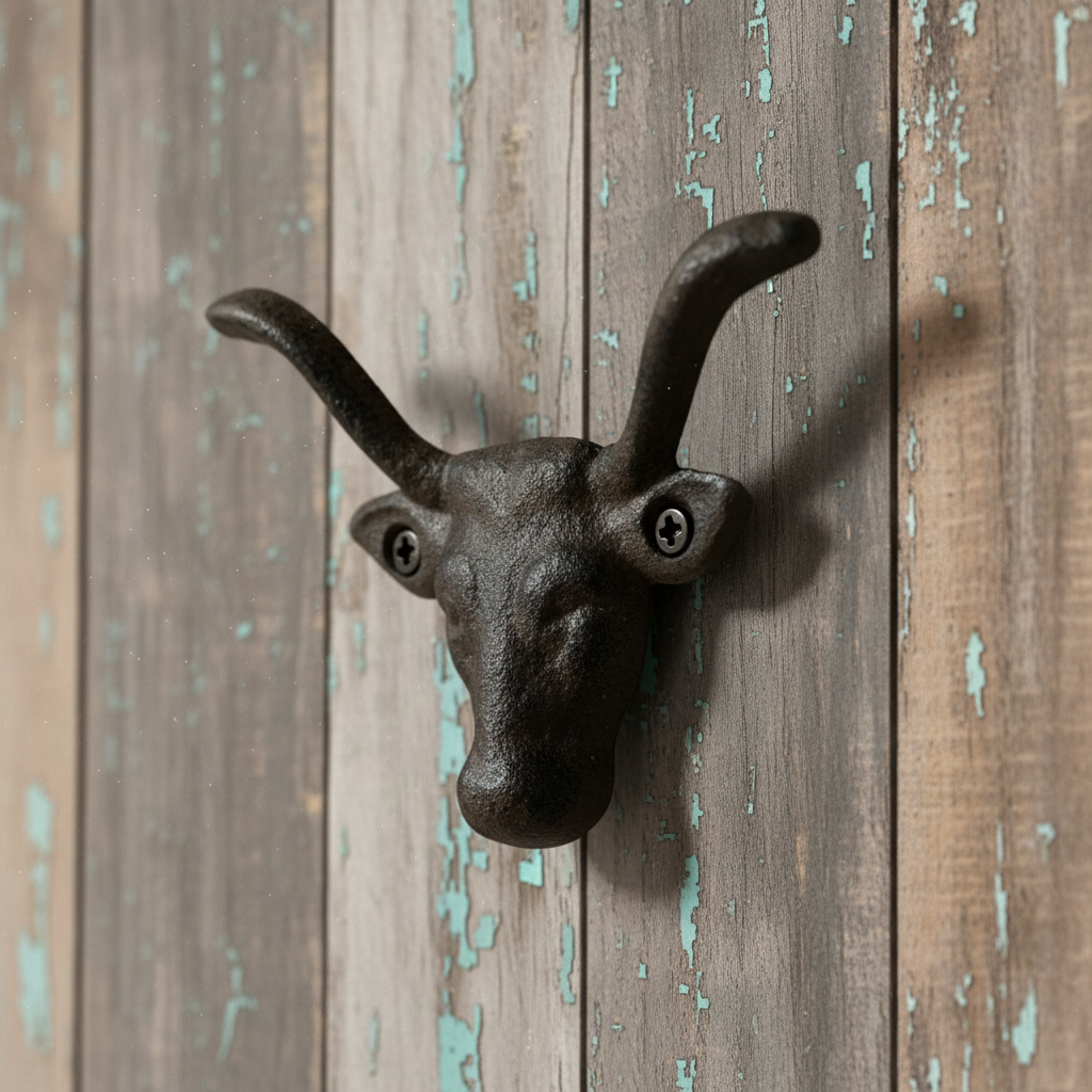 Bull Head Wall Hook, Cast Iron Western Ranch for Coats, Keys or Hats, 3.5"