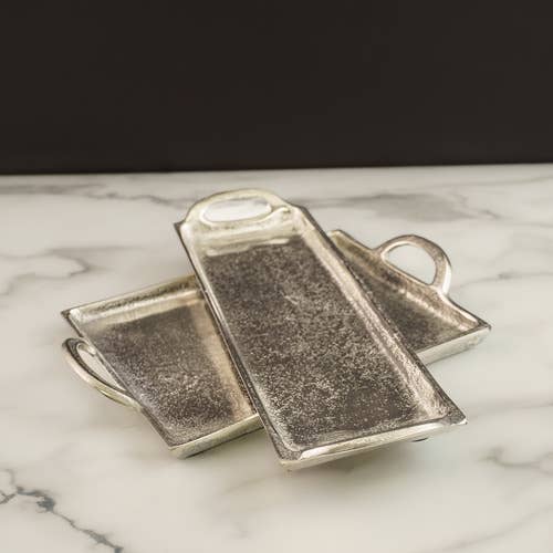 India Handicrafts Inc - Textured Slim Rectangule Aluminum Handle Tray
