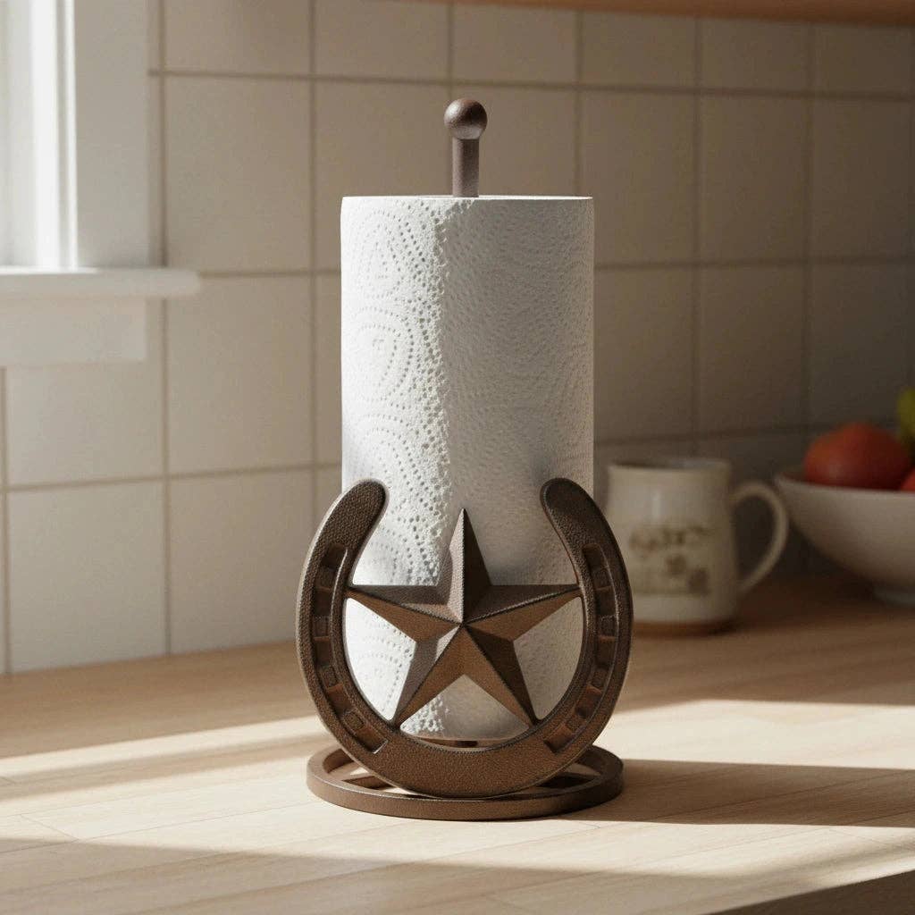 Star and Horseshoe Paper Towel Holder, Western Cast Iron, 12.1"