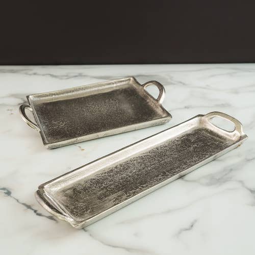 India Handicrafts Inc - Textured Slim Rectangule Aluminum Handle Tray