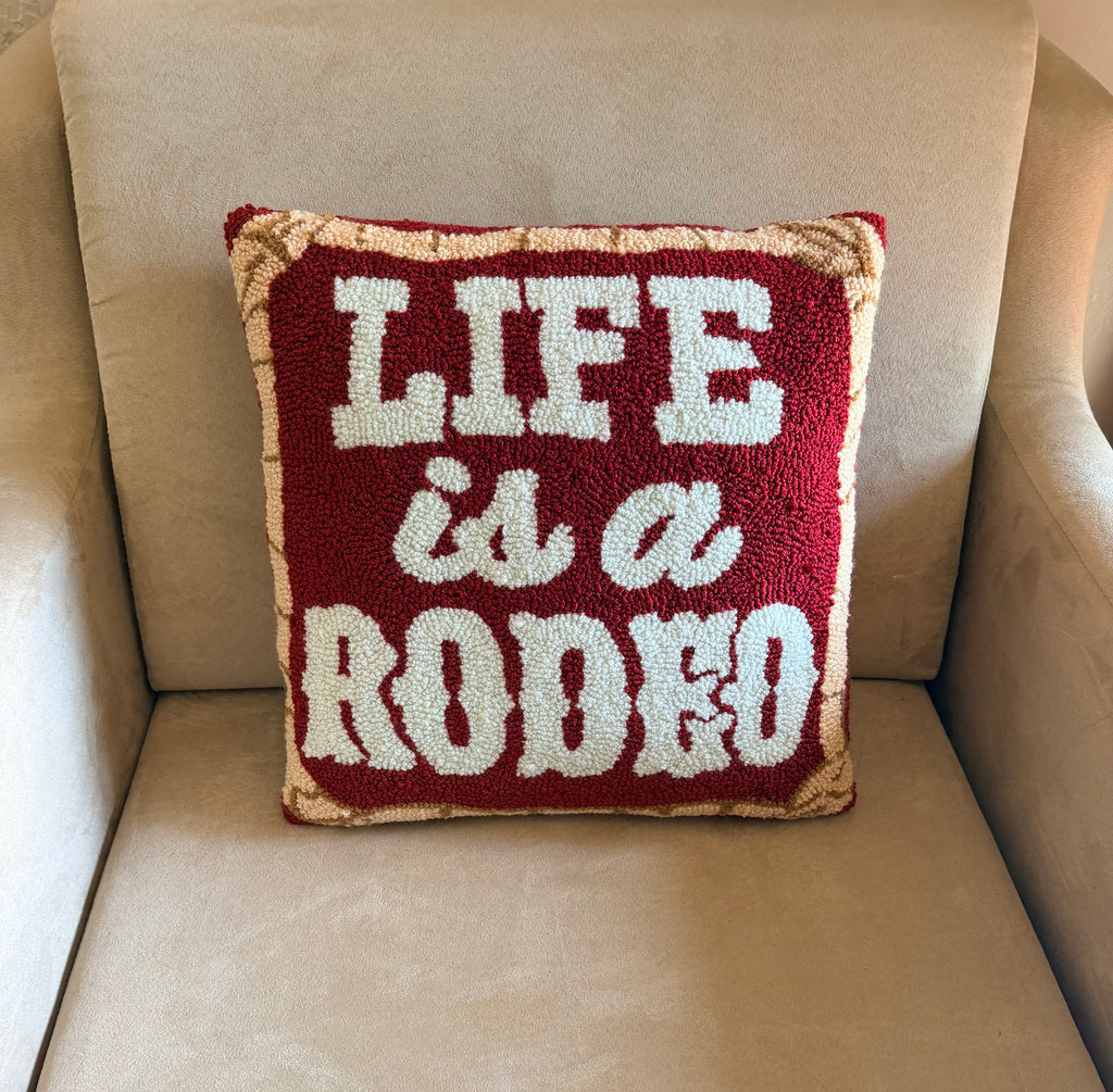 Life Is A Rodeo hand hooked pillow, red, tan & white, western home decor lifestyle #2