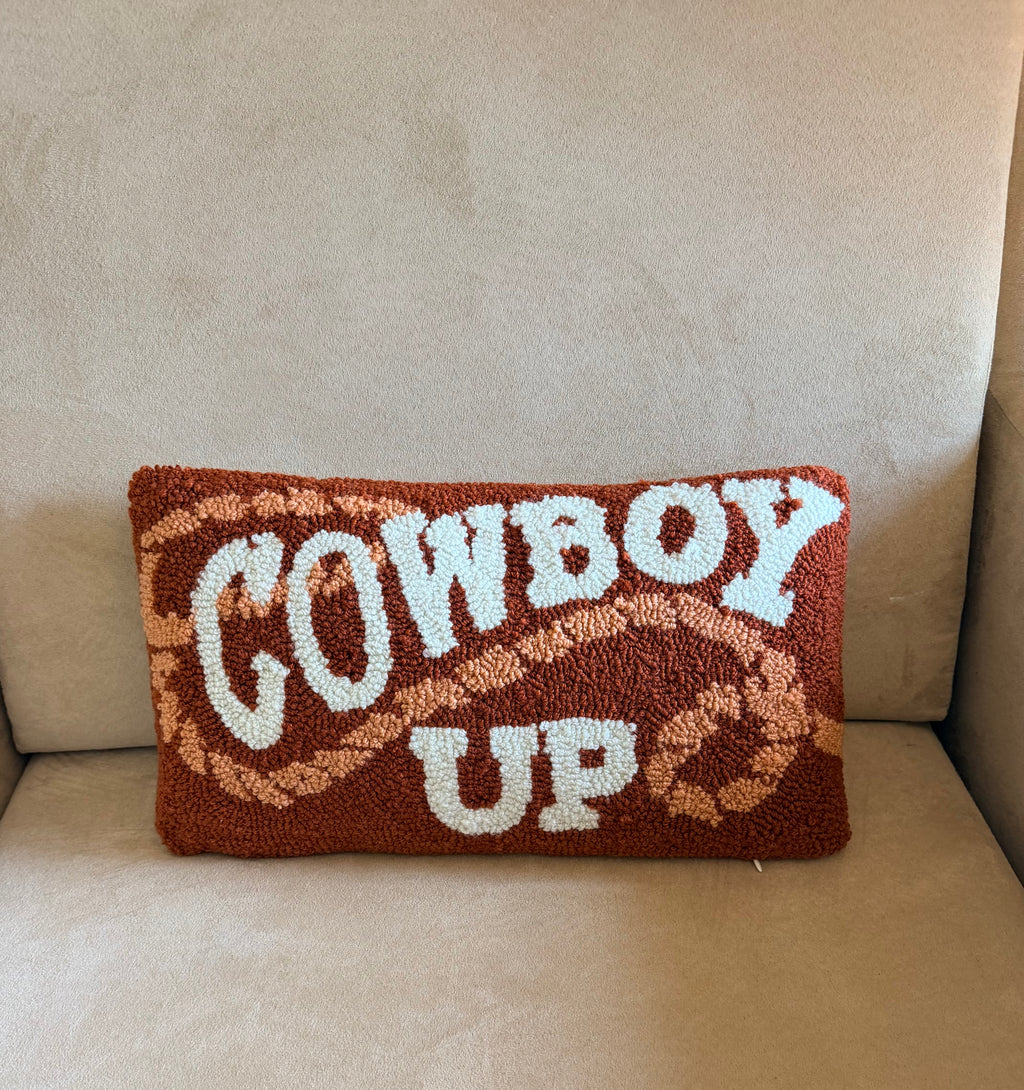 Cowboy Up hand hooked pillow, rustic western home decor lifestyle #3