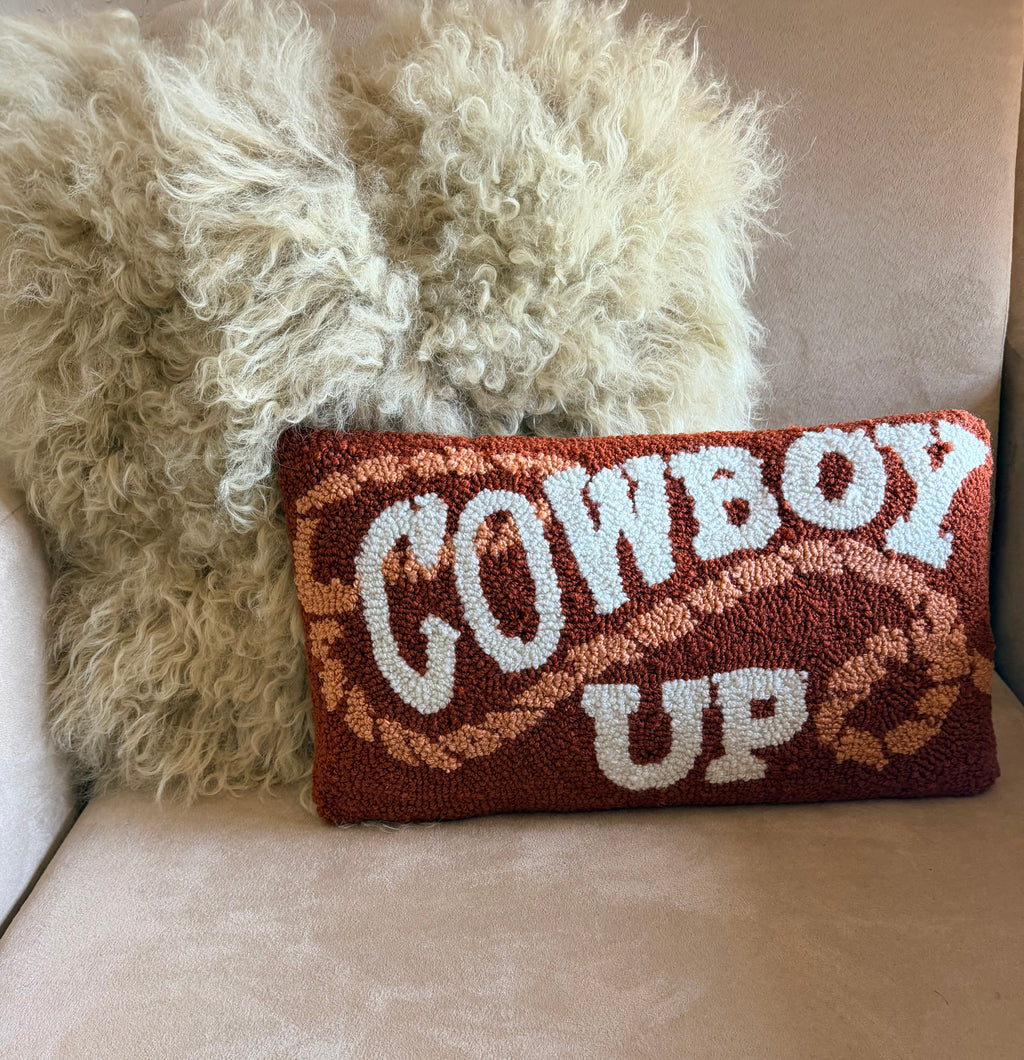 Cowboy Up hand hooked pillow, rustic western home decor detail #2