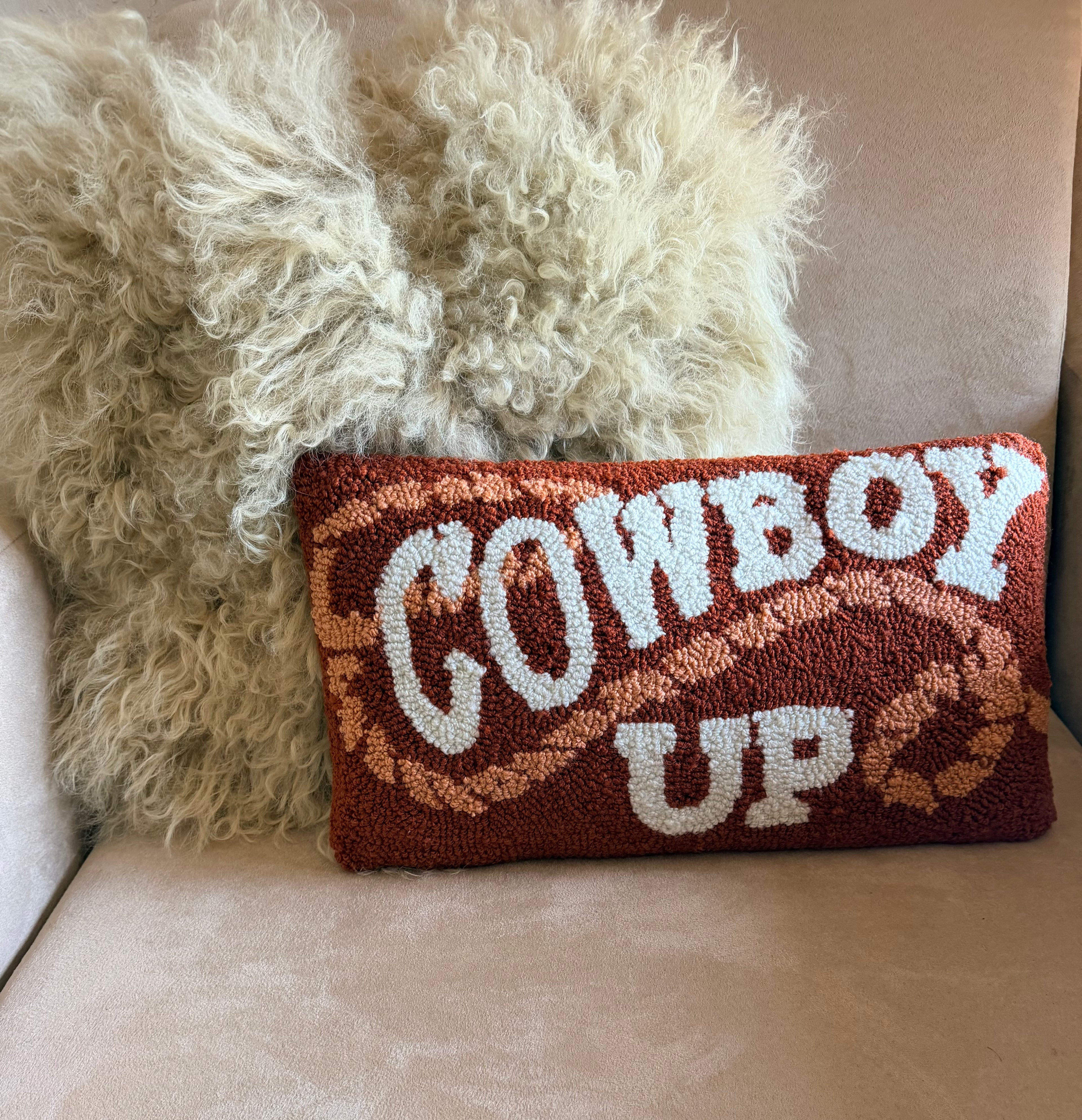 COWBOY UP HAND HOOKED PILLOW