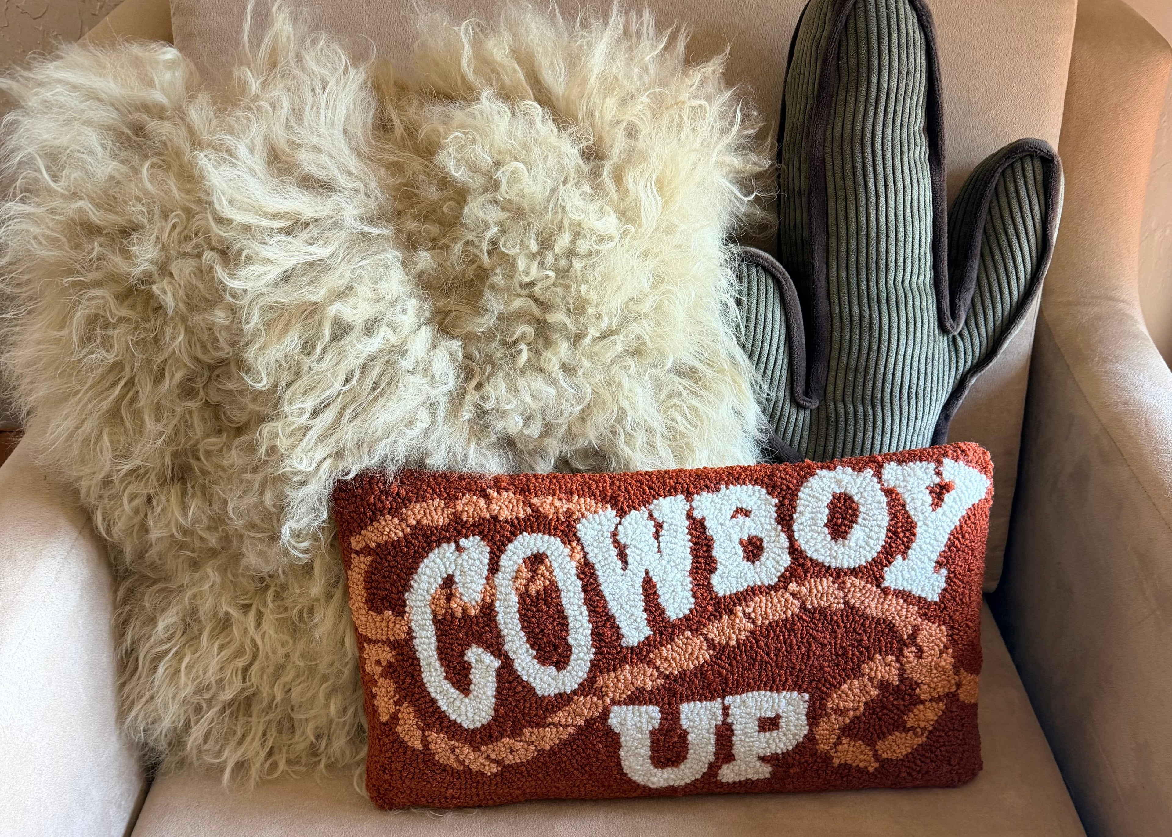 COWBOY UP HAND HOOKED PILLOW