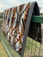 Em Custom Ranch Pads Silver Dagger, charcoal grey, white, black, sand, tan, buckskin & brown tones, western ranch pad in stock lifestyle