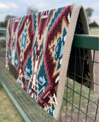 Em Custom Ranch Pads Give Me Butterflies, sand, rust, brown, taupe, cream, teal & mauve tones, western ranch pad in stock lifestyle