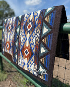 Em Custom Ranch Pads Looking Sharp, dark espresso, midnight blue, royal blue, ashy denim, brown, sand & cream tones, western ranch pad in stock lifestyle