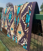 Em Custom Ranch Pads Midnight Mesa, eggplant, dark indigo purple, cream, brown, sand, taupe & bright aqua tones, western ranch pad in stock lifestyle