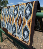 Em Custom Ranch Pads Down The Fence, espresso brown, caramel, honey, dark midnight, sky blue & white tones, western ranch pad in stock lifestyle