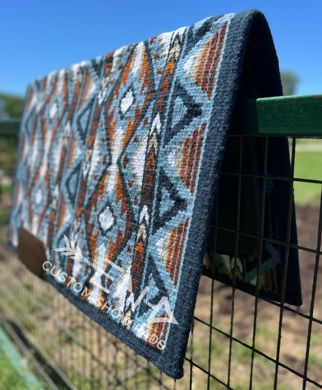 Em Custom Ranch Pads Forever In Blue Navy Border, navy, royal blue, white, cream & tan tones, western ranch pad in stock lifestyle