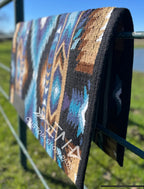 Em Custom Ranch Pads Nightfall, black, white, midnight blue, denim blue, medium blue, chocolate brown & tan tones, western ranch pad in stock lifestyle