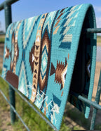 Em Custom Ranch Pads Mountain Air, soft turquoise, soft teal, pastel aqua, white, espresso brown, brown, taupe & tan tones, western ranch pad in stock lifestyle