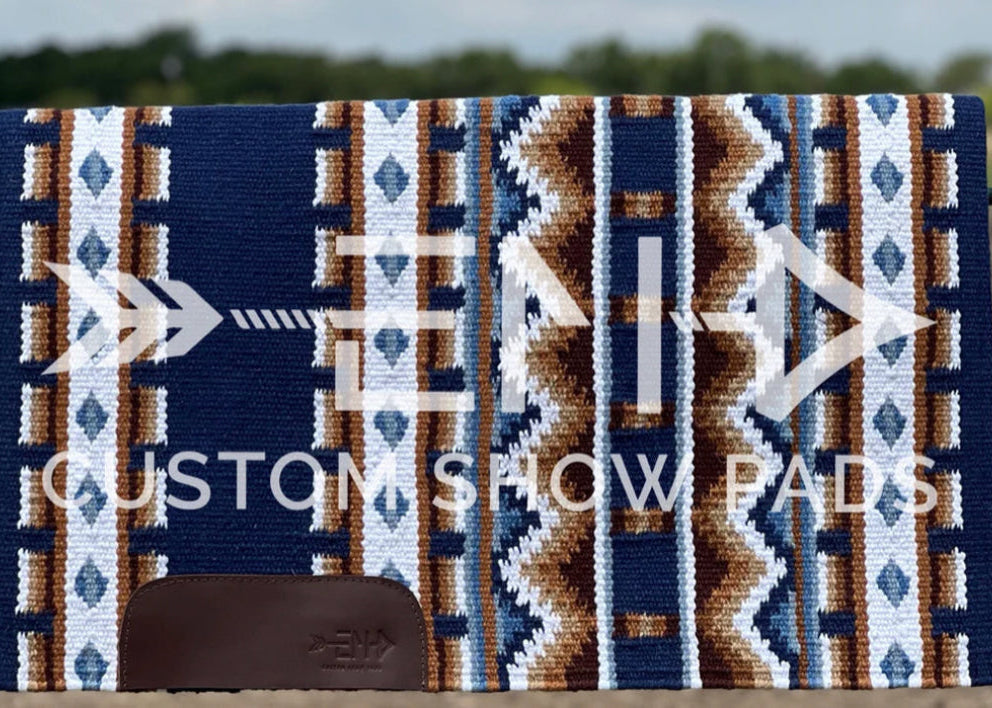 Em Custom Ranch Pads The Norman, midnight, periwinkle, baby blue, white, chocolate, caramel & sand tones, western ranch pad in stock