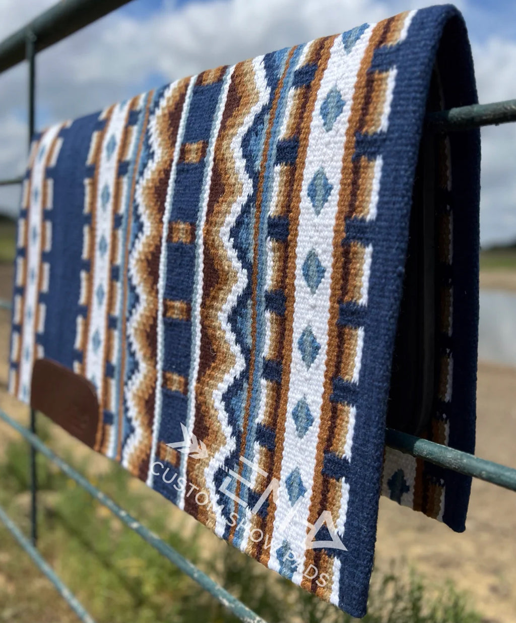 Em Custom Ranch Pads The Norman, midnight, periwinkle, baby blue, white, chocolate, caramel & sand tones, western ranch pad in stock detail
