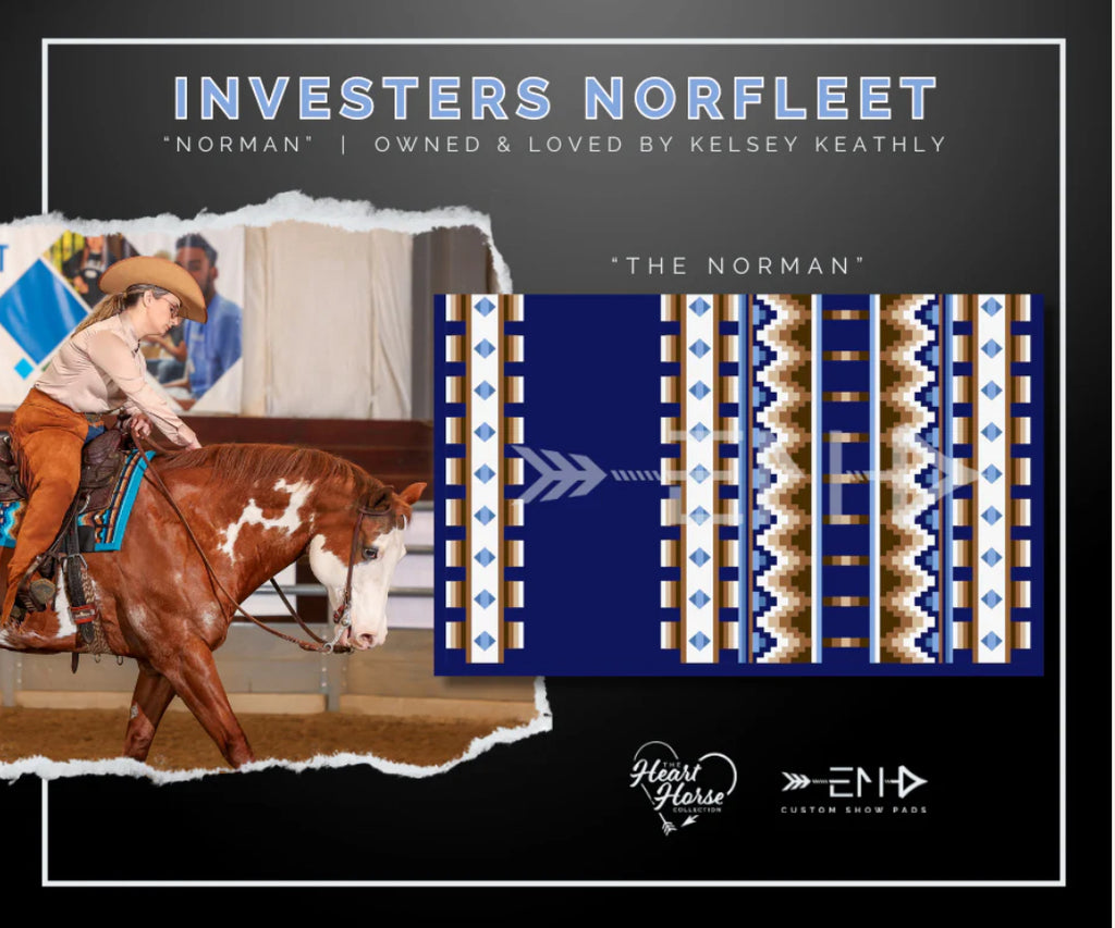 Em Custom Ranch Pads The Norman, midnight, periwinkle, baby blue, white, chocolate, caramel & sand tones, western ranch pad in stock lifestyle
