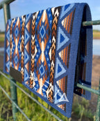 Em Custom Ranch Pads The Next Best Thing, royal blue, white, electric blue, sky blue, black, brown & buckskin tones, western ranch pad in stock lifestyle