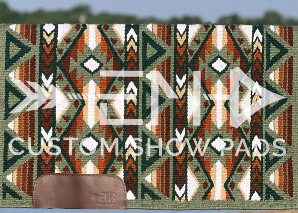 Em Custom Ranch Pads Verde, moss green, forest green, white, tan, rust & chocolate brown tones, western ranch pad in stock
