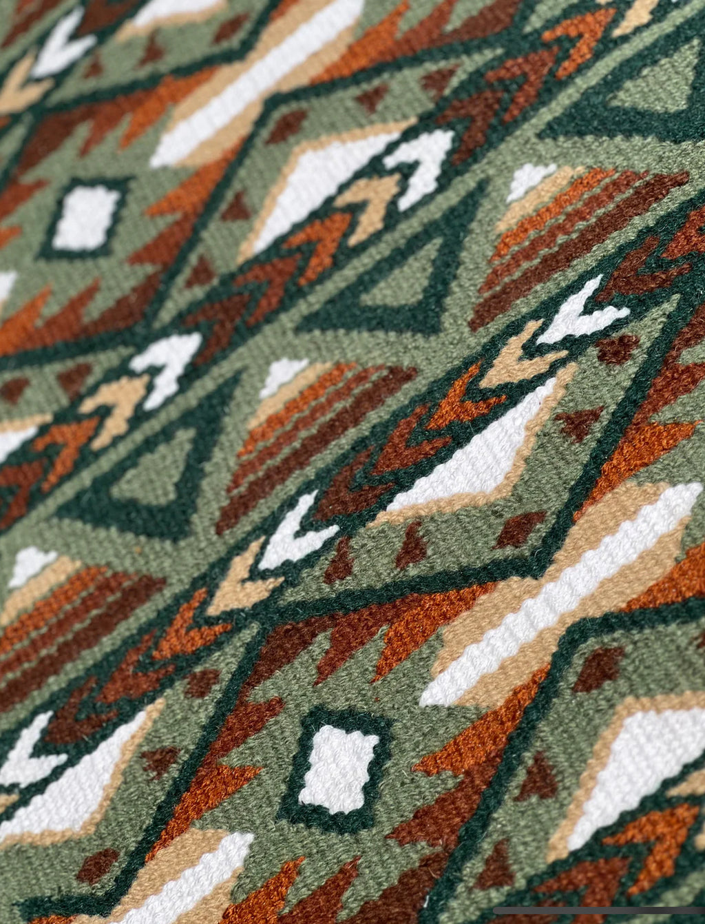 Em Custom Ranch Pads Verde, moss green, forest green, white, tan, rust & chocolate brown tones, western ranch pad in stock detail
