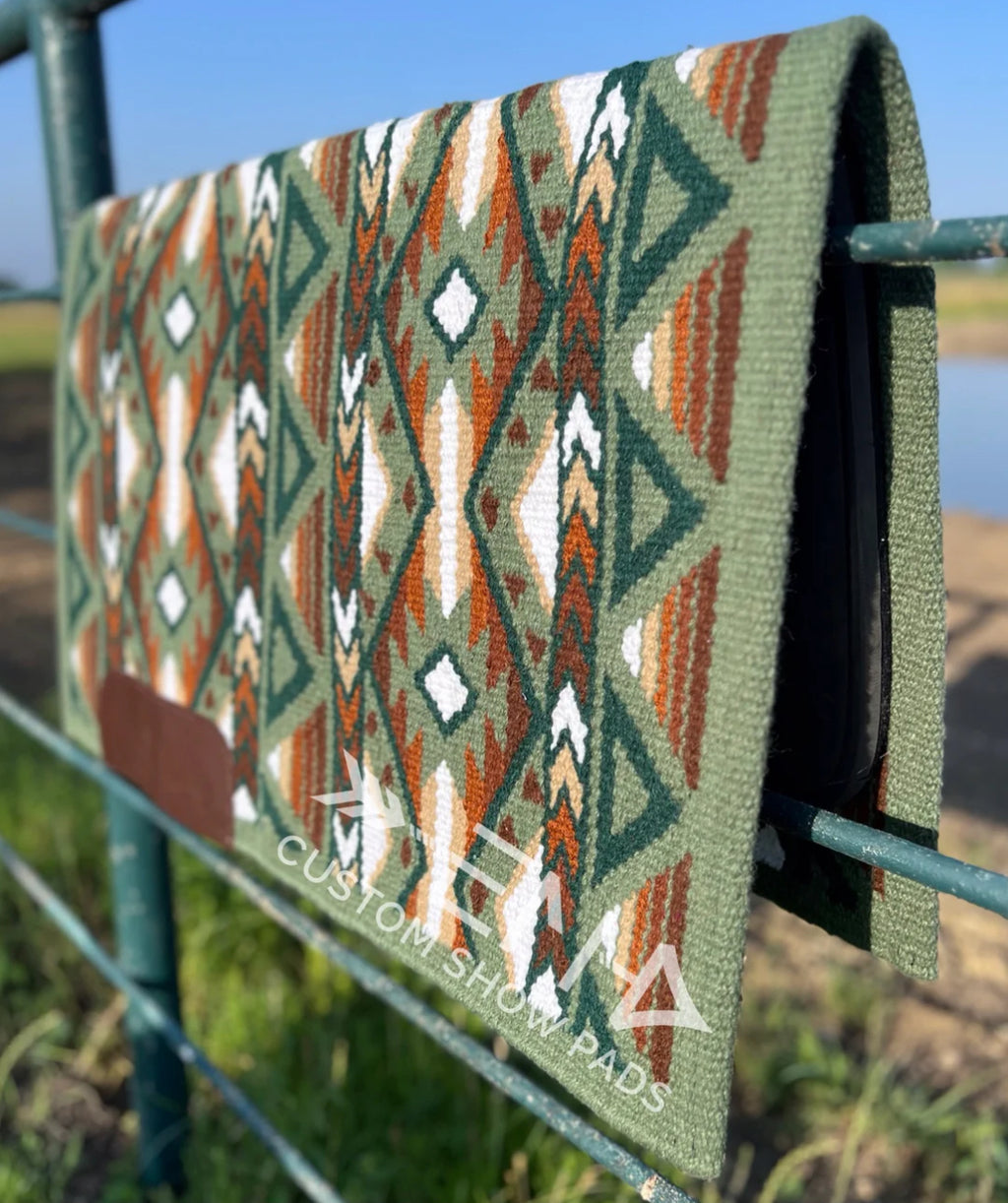 Em Custom Ranch Pads Verde, moss green, forest green, white, tan, rust & chocolate brown tones, western ranch pad in stock lifestyle