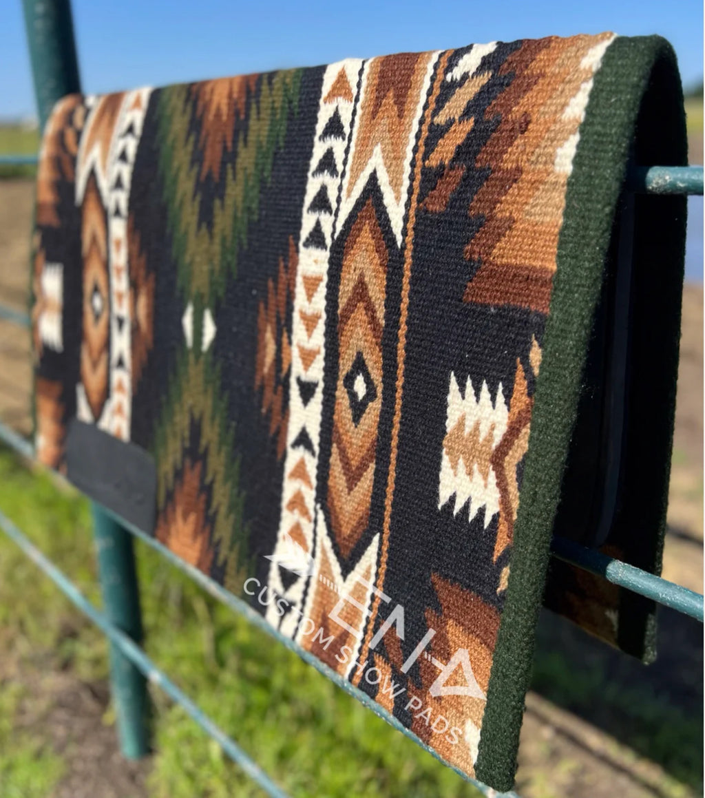 Em Custom Ranch Pads Fatal Attraction, black, cream, brown, caramel, buckskin, dark olive & army green tones, western ranch pad in stock lifestyle