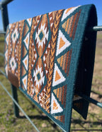 Em Custom Ranch Pads Teal Cheetah, dark teal, espresso, white, caramel, tan, sand, taupe & brown tones, western ranch pad in stock lifestyle