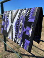 Em Custom Ranch Pads Maleficent, black, white, charcoal, light grey, royal purple & bright lavender tones, western ranch pad in stock lifestyle