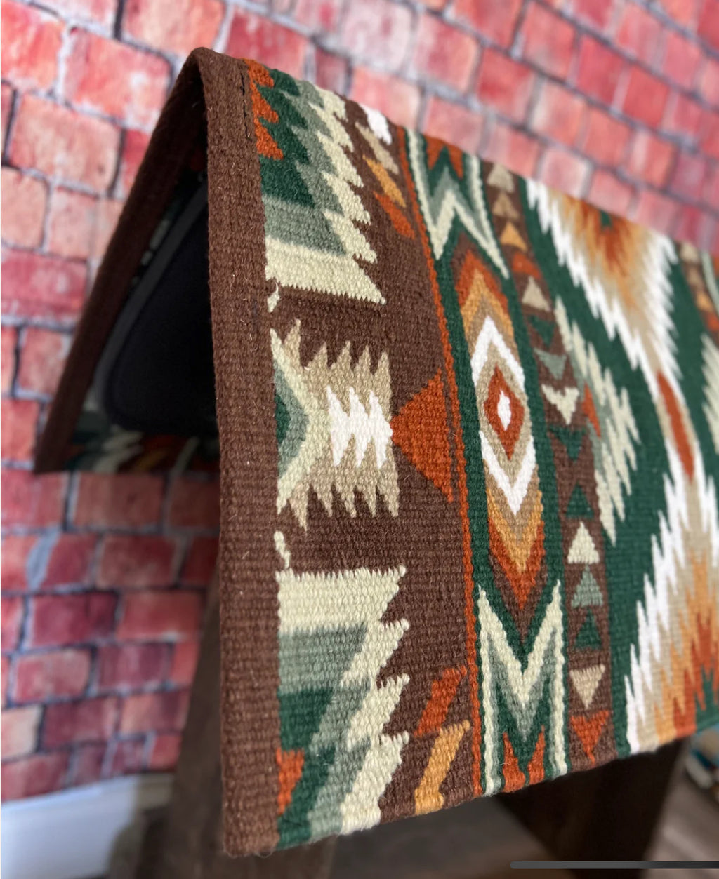 Em Custom Ranch Pads It's An Obsession, chocolate, forest green, pistachio, sage green, caramel, taupe, sand, rust & white tones, western ranch pad in stock detail