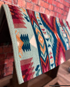 Em Custom Ranch Pads Senorita Sky, pastel aqua, teal, dark ocean blue, white, mauve, berry, wine & sand tones, western ranch pad in stock detail