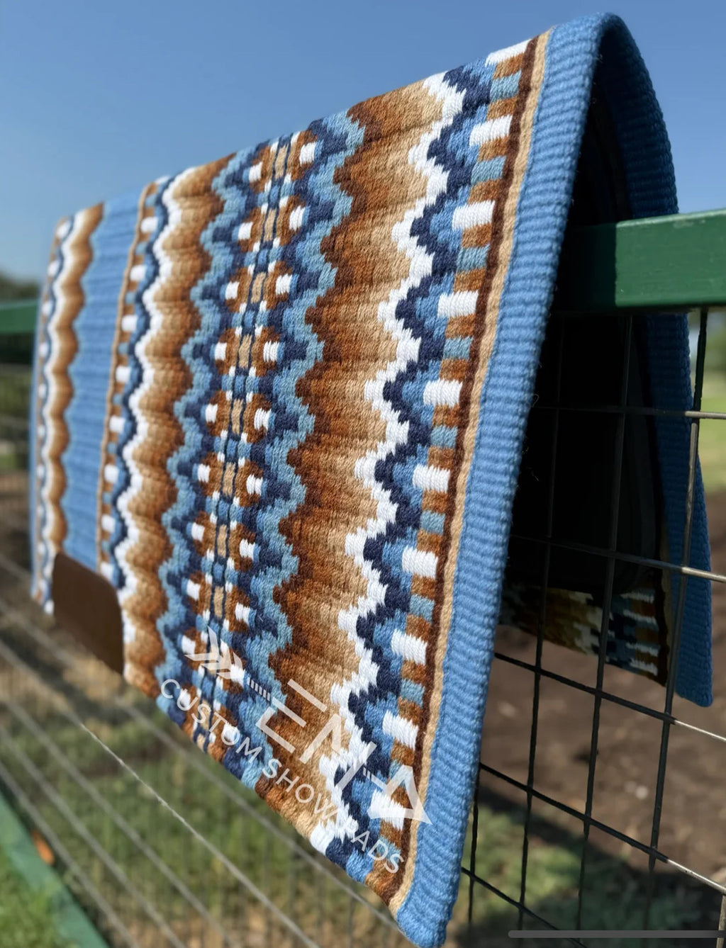 Em Custom Show Pads Aspen, periwinkle, sky blue & chocolate tones, western show pad in stock lifestyle 