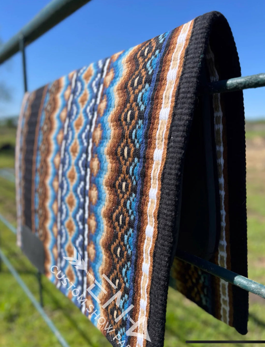Em Custom Show Pads Amarillo Sky, black, white, sand & blue tones, western show pad in stock lifestyle 
