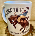 Cinchy Before Coffee mug, funny western cowboy humor gift in stock
