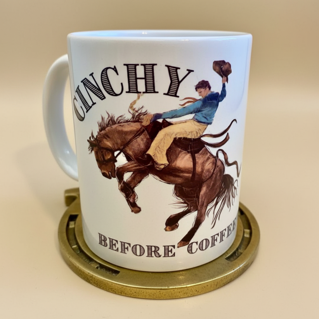 Cinchy Before Coffee mug, funny western cowboy humor gift in stock detail
