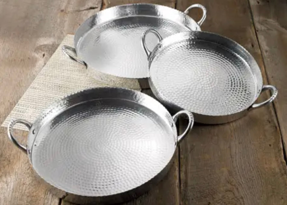 19 inch hammered aluminum tray round scalloped edge, rustic western entertaining decor in stock