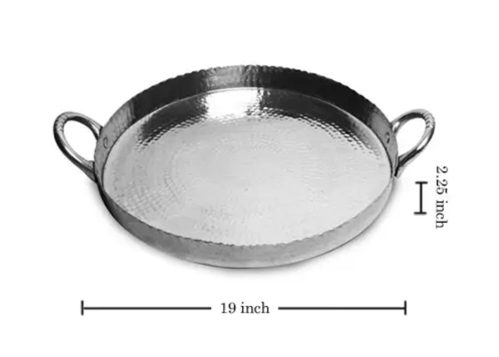 19 inch hammered aluminum tray round scalloped edge, rustic western entertaining decor in stock lifestyle