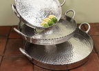 19 inch hammered aluminum tray round scalloped edge, rustic western entertaining decor in stock detail
