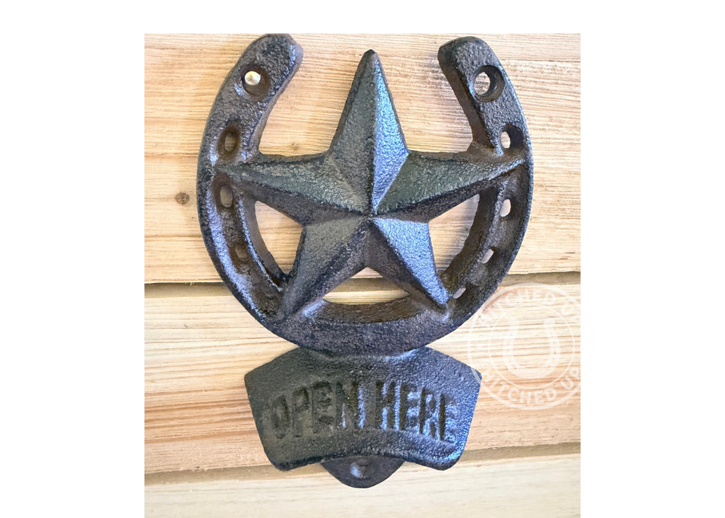 WESTERN STAR HORSESHOE BOTTLE OPENER WALL MOUNT CAST IRON