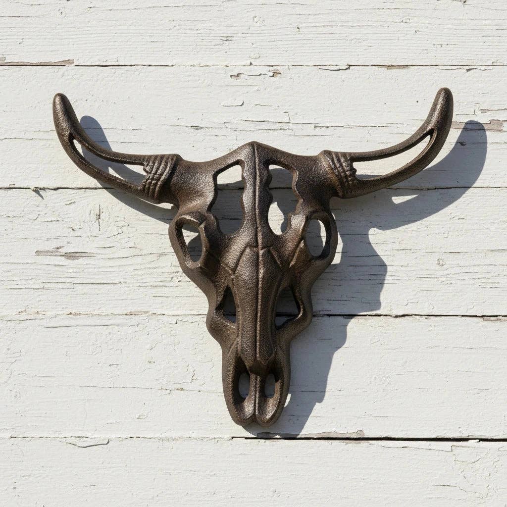 Bull Skull Wall Plaque, Cast Iron Western Ranch Wall Decor, 11"