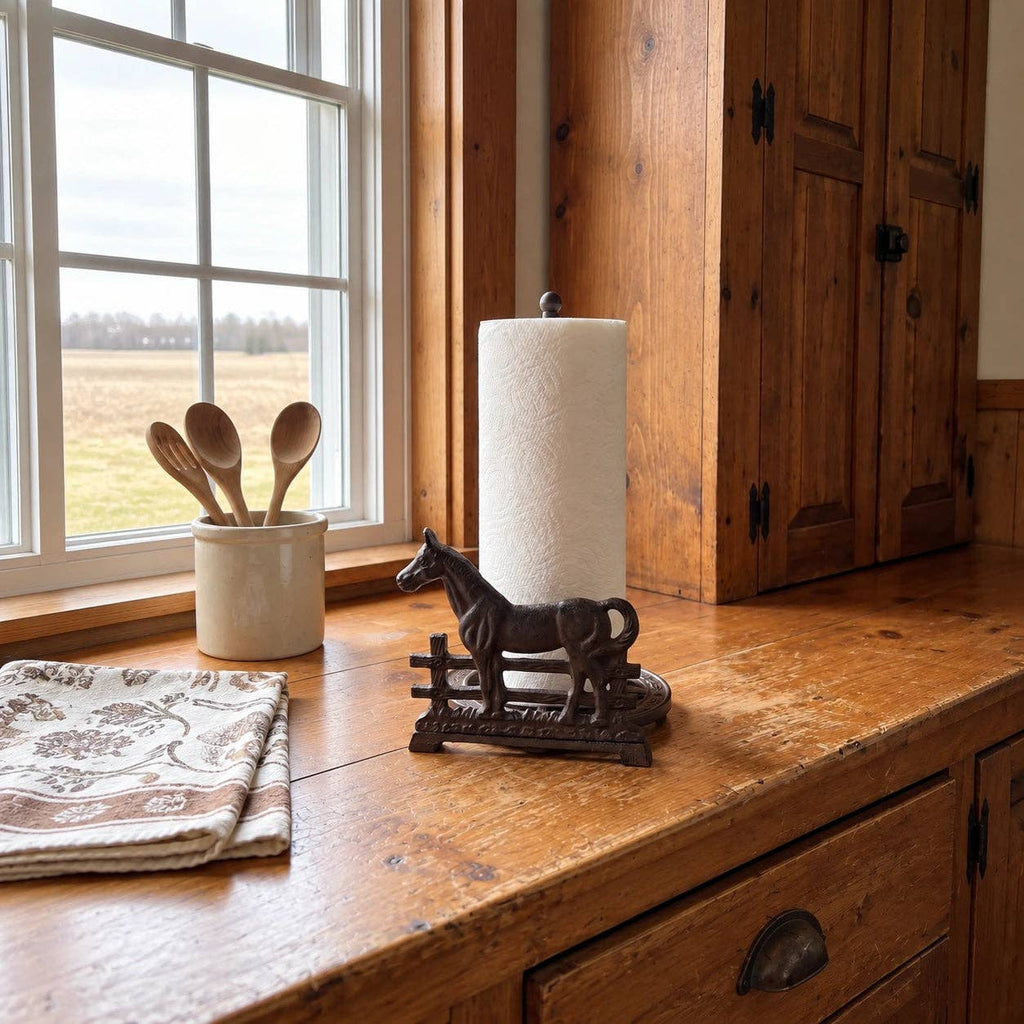 Horse Paper Towel Holder, Cast Iron Western Kitchen Stand, 12.5"
