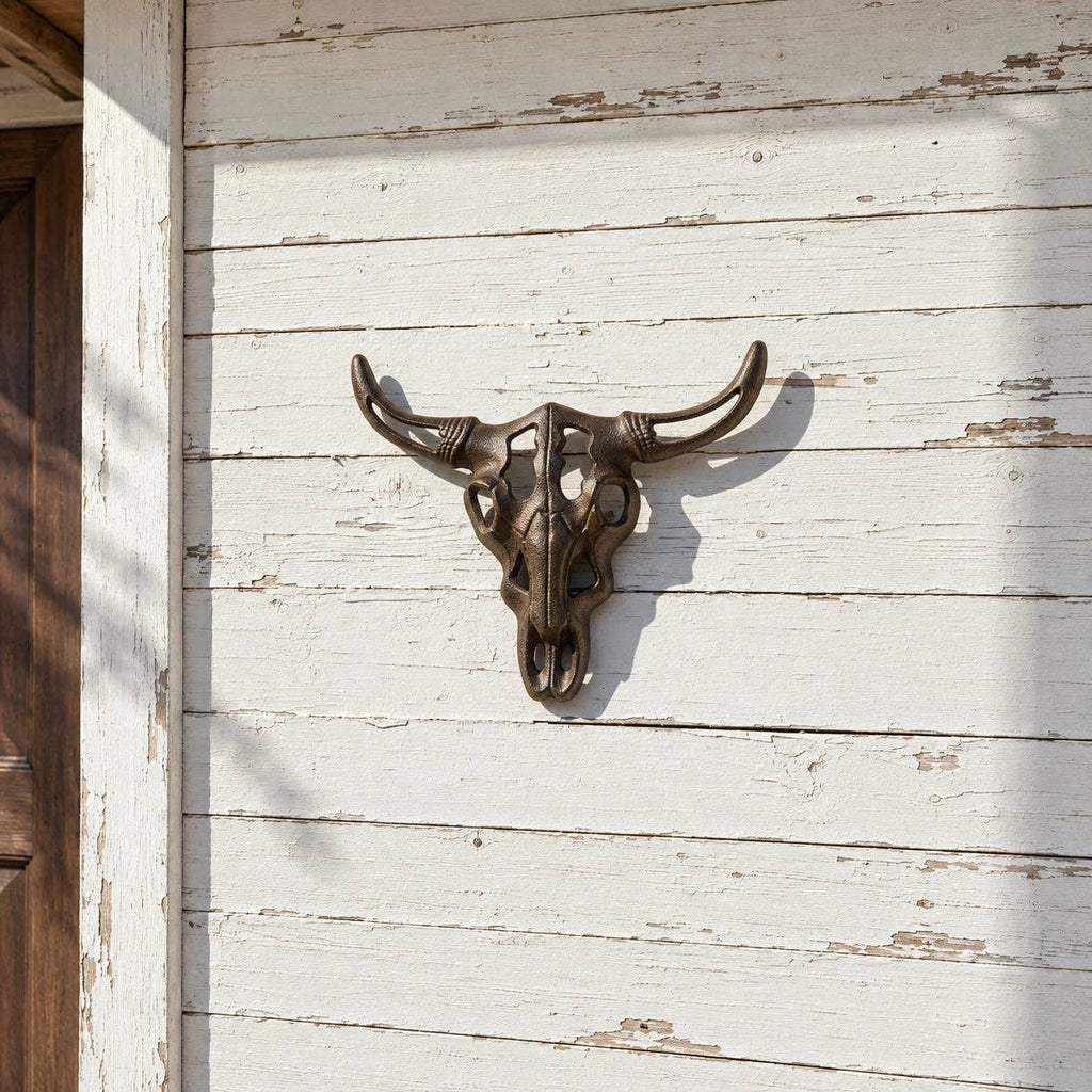 Bull Skull Wall Plaque, Cast Iron Western Ranch Wall Decor, 11"