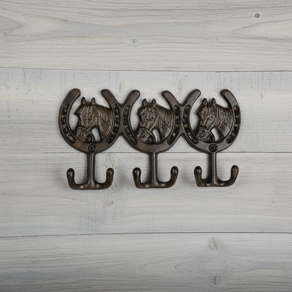 Horse Head 3-Hook Wall Rack, Cast Iron for Coats, Keys or Leashes, 9.6"