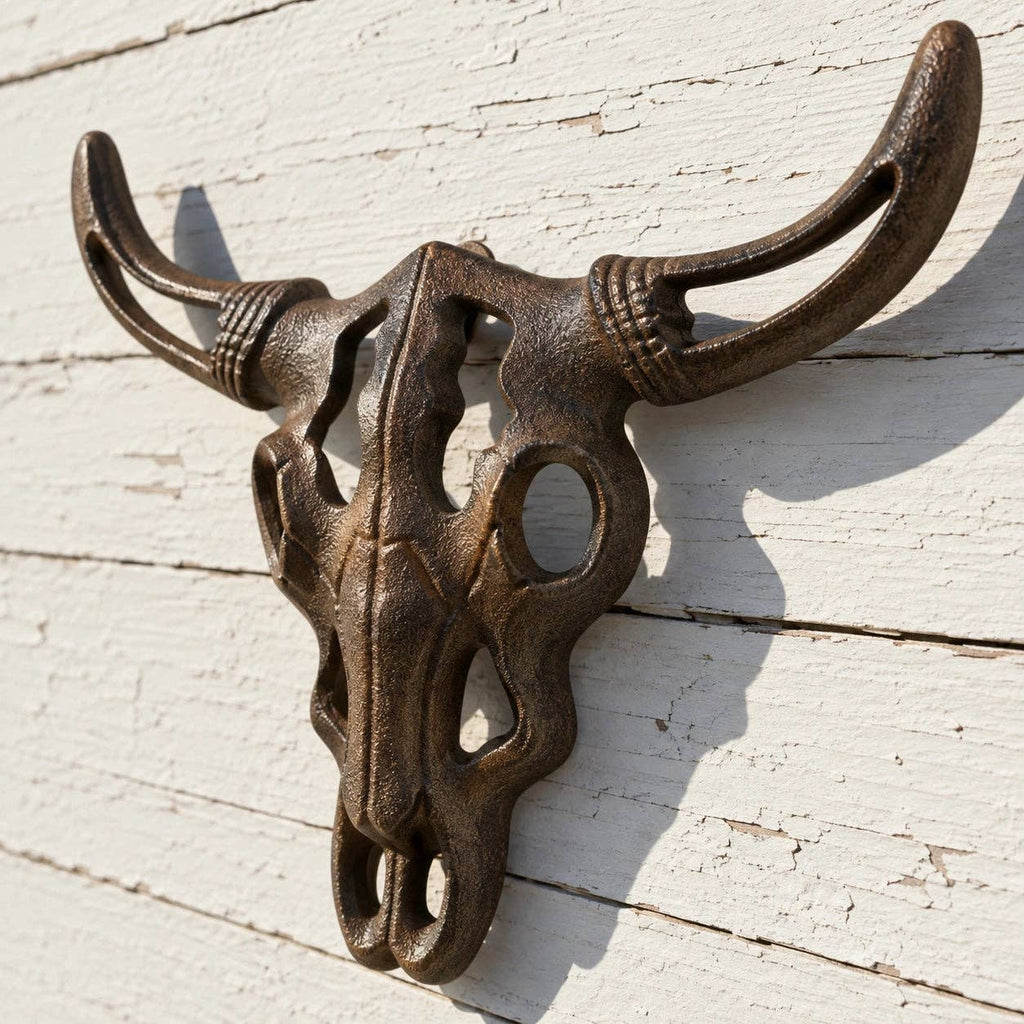Bull Skull Wall Plaque, Cast Iron Western Ranch Wall Decor, 11"