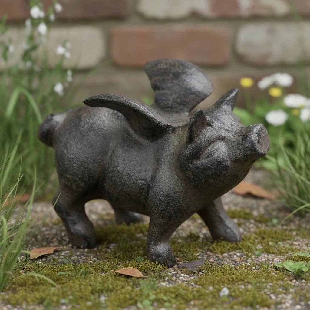 Flying Pig Figurine, Cast Iron Shelf or Tabletop Home Decor, 4"